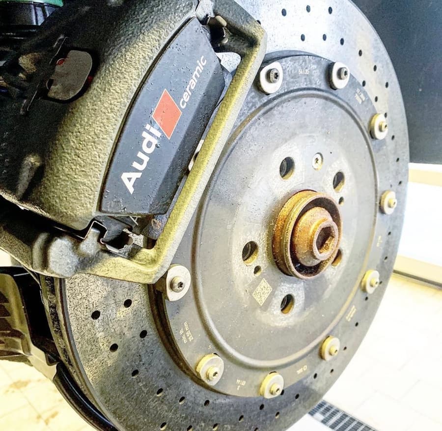 Audi ceramic brake disc and caliper close-up