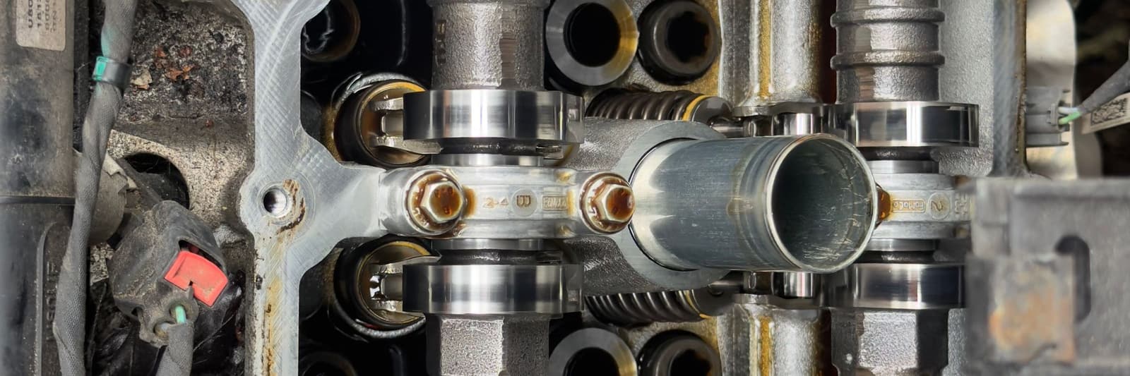 Close-up of a stripped cylinder head and camshafts